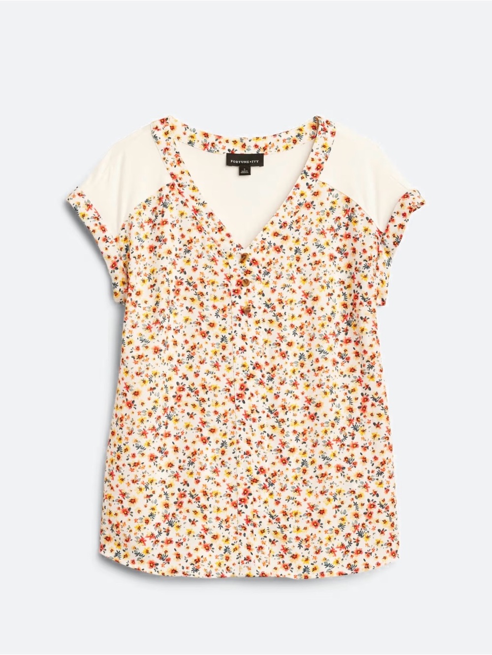 FORTUNE + IVY Joanna Natural Button Mixed Material Top Cream Floral Button-Front